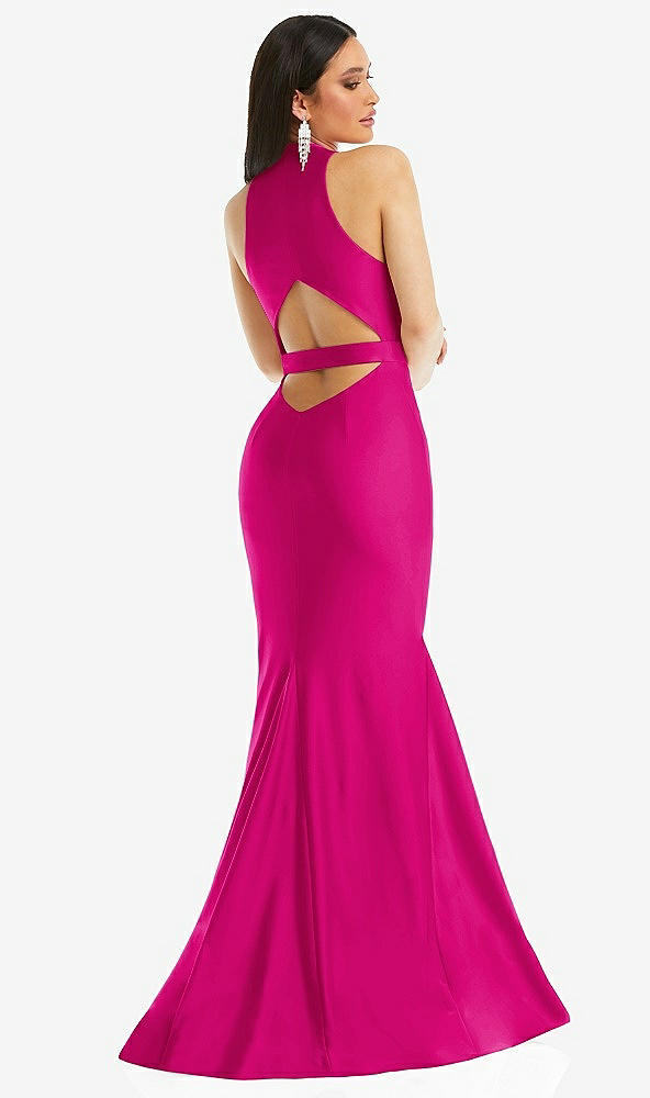 Back View - Think Pink Plunge Neckline Cutout Low Back Stretch Satin Mermaid Dress