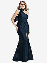 Alt View 1 Thumbnail - Midnight Navy Scarf Neck One-Shoulder Stretch Satin Mermaid Dress with Slight Train