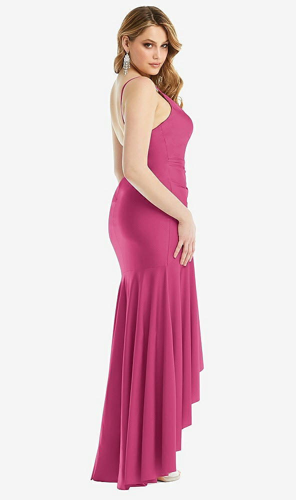 Back View - Tea Rose Pleated Wrap Ruffled High Low Stretch Satin Gown with Slight Train