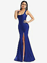 Alt View 2 Thumbnail - Cobalt Blue Square Neck Stretch Satin Mermaid Dress with Slight Train