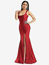 Alt View 2 Thumbnail - Poppy Red Square Neck Stretch Satin Mermaid Dress with Slight Train