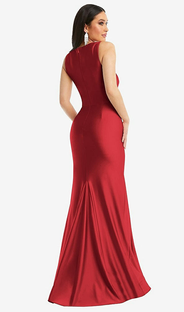 Back View - Poppy Red Square Neck Stretch Satin Mermaid Dress with Slight Train