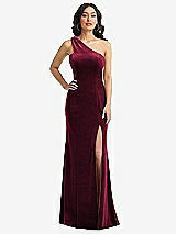 Front View Thumbnail - Cabernet One-Shoulder Velvet Trumpet Gown with Front Slit