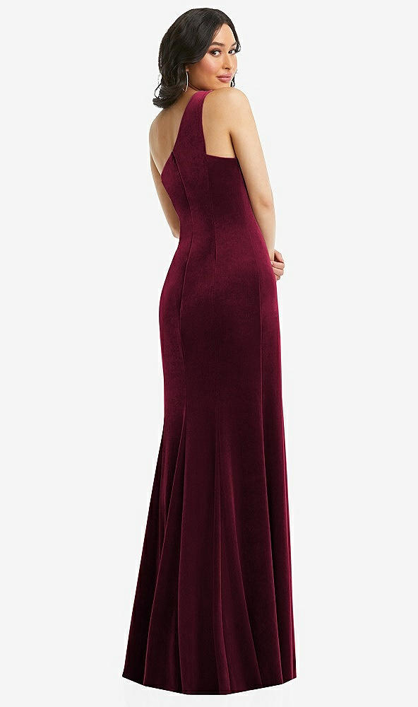 Back View - Cabernet One-Shoulder Velvet Trumpet Gown with Front Slit