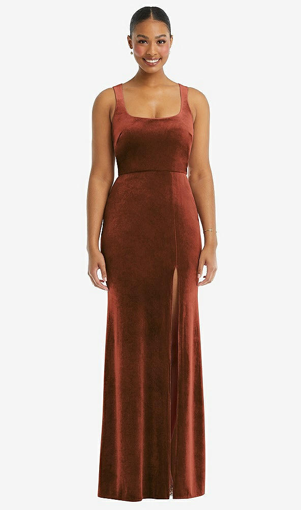 Front View - Auburn Moon Square Neck Closed Back Velvet Maxi Dress 