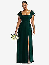 Front View Thumbnail - Evergreen Flutter Sleeve Scoop Open-Back Chiffon Maxi Dress