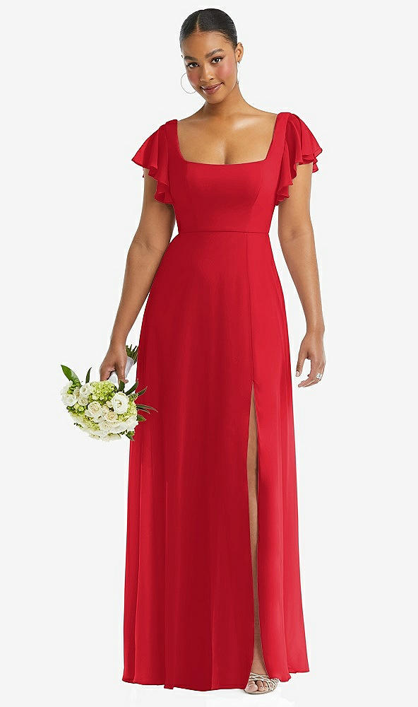 Front View - Parisian Red Flutter Sleeve Scoop Open-Back Chiffon Maxi Dress