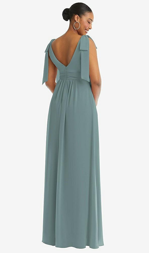 Back View - Icelandic Plunge Neckline Bow Shoulder Empire Waist Chiffon Maxi Dress