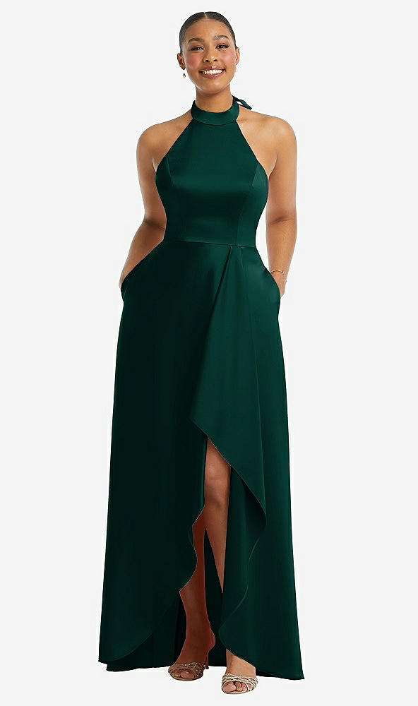 High neck Tie back Halter Cascading High Low Maxi Bridesmaid Dress In Evergreen The Dessy Group