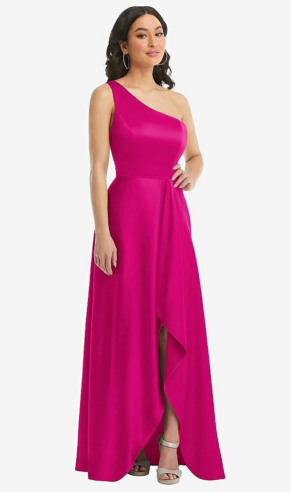 Front View - Think Pink One-Shoulder High Low Maxi Dress with Pockets