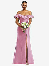 Alt View 2 Thumbnail - Powder Pink Off-the-Shoulder Ruffle Neck Satin Trumpet Gown