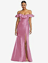 Alt View 3 Thumbnail - Powder Pink Off-the-Shoulder Ruffle Neck Satin Trumpet Gown