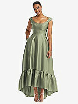 Front View Thumbnail - Sage Cap Sleeve Deep Ruffle Hem Satin High Low Dress with Pockets