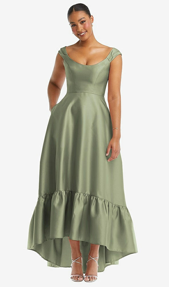 Front View - Sage Cap Sleeve Deep Ruffle Hem Satin High Low Dress with Pockets