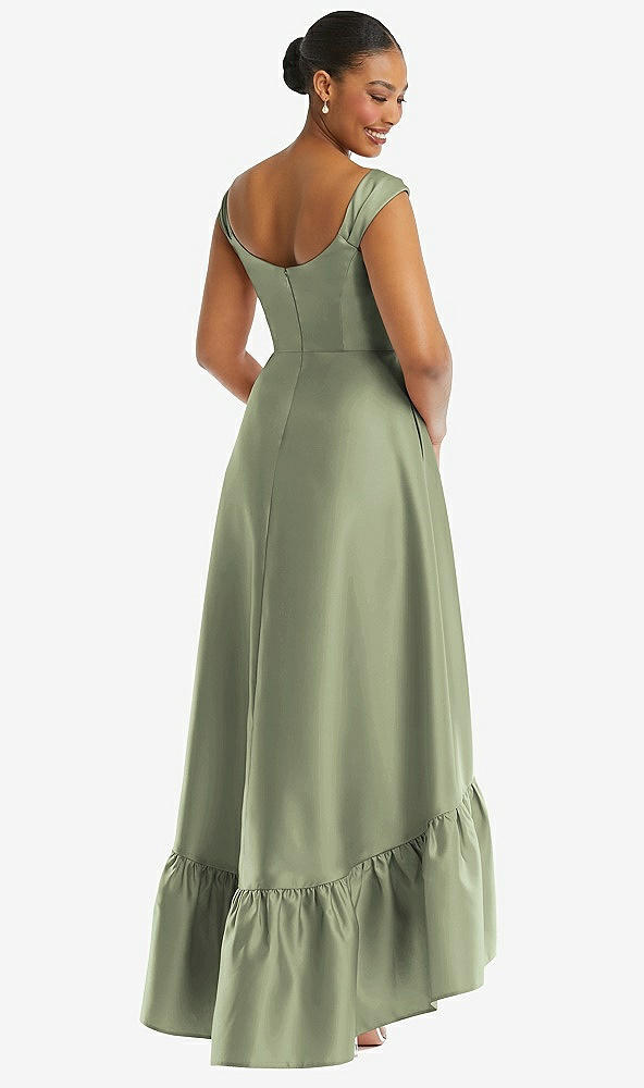 Back View - Sage Cap Sleeve Deep Ruffle Hem Satin High Low Dress with Pockets