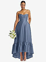 Front View Thumbnail - Larkspur Blue Strapless Deep Ruffle Hem Satin High Low Dress with Pockets