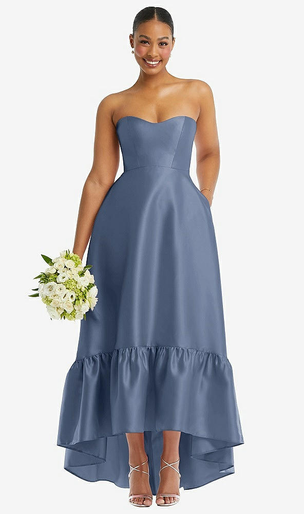 Front View - Larkspur Blue Strapless Deep Ruffle Hem Satin High Low Dress with Pockets