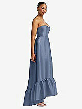 Side View Thumbnail - Larkspur Blue Strapless Deep Ruffle Hem Satin High Low Dress with Pockets