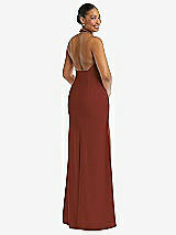 Rear View Thumbnail - Auburn Moon Plunge Neck Halter Backless Trumpet Gown with Front Slit