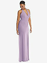 Alt View 1 Thumbnail - Pale Purple Plunge Neck Halter Backless Trumpet Gown with Front Slit