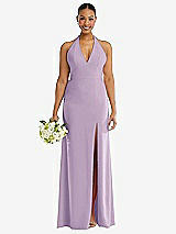 Alt View 2 Thumbnail - Pale Purple Plunge Neck Halter Backless Trumpet Gown with Front Slit