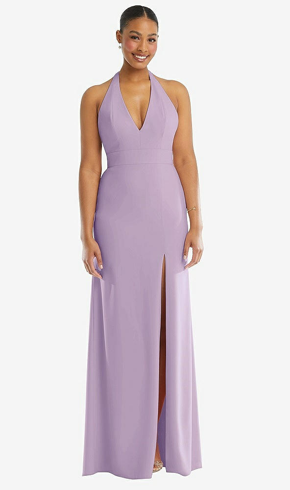 Front View - Pale Purple Plunge Neck Halter Backless Trumpet Gown with Front Slit