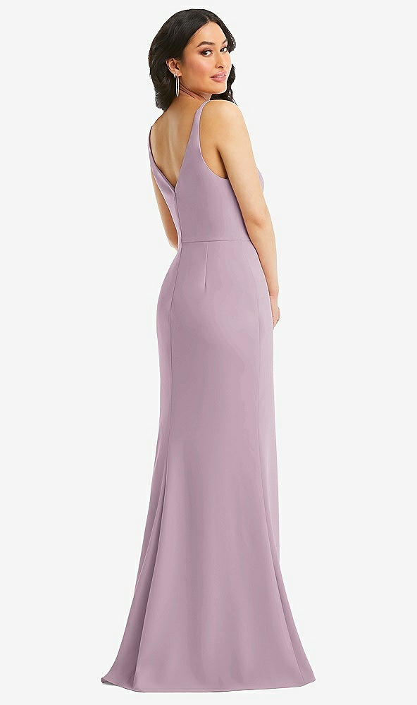 Back View - Suede Rose Skinny Strap Deep V-Neck Crepe Trumpet Gown with Front Slit