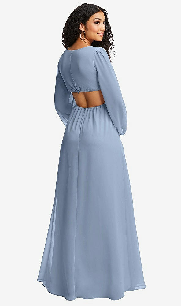 Back View - Cloudy Long Puff Sleeve Cutout Waist Chiffon Maxi Dress 