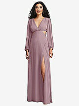 Front View Thumbnail - Dusty Rose Long Puff Sleeve Cutout Waist Chiffon Maxi Dress 