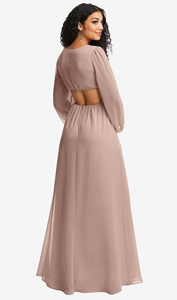 Back View - Neu Nude Long Puff Sleeve Cutout Waist Chiffon Maxi Dress 