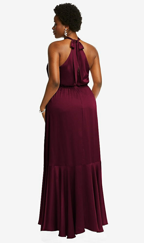 Back View - Cabernet Tie-Neck Halter Maxi Dress with Asymmetric Cascade Ruffle Skirt