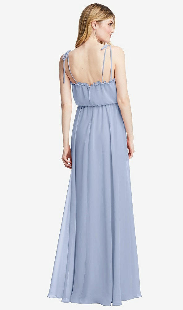 Back View - Sky Blue Skinny Tie-Shoulder Ruffle-Trimmed Blouson Maxi Dress