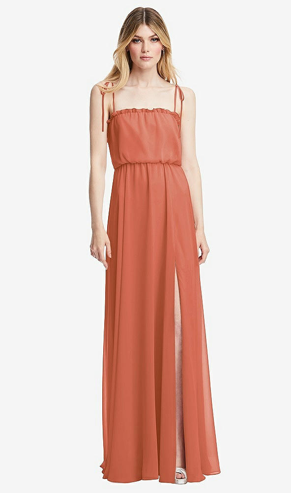 Front View - Terracotta Copper Skinny Tie-Shoulder Ruffle-Trimmed Blouson Maxi Dress