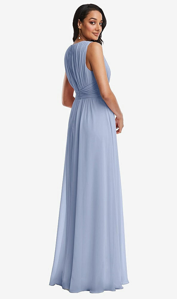 Back View - Sky Blue Shirred Deep Plunge Neck Closed Back Chiffon Maxi Dress 