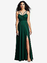 Front View Thumbnail - Hunter Green Dual Strap V-Neck Lace-Up Open-Back Maxi Dress