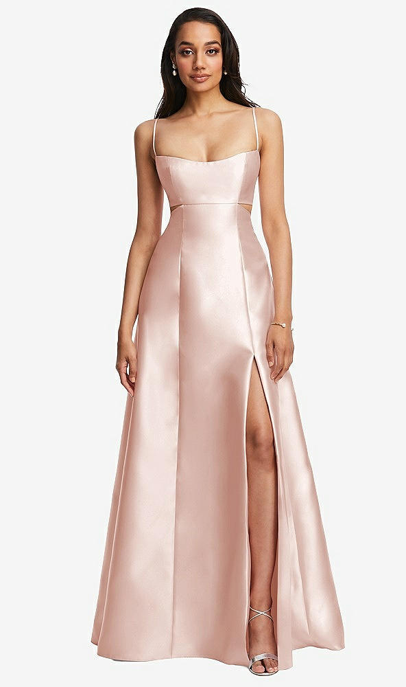 Front View - Blush Open Neckline Cutout Satin Twill A-Line Gown with Pockets