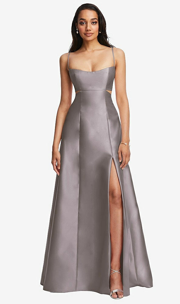 Front View - Cashmere Gray Open Neckline Cutout Satin Twill A-Line Gown with Pockets