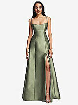 Front View Thumbnail - Sage Open Neckline Cutout Satin Twill A-Line Gown with Pockets