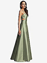 Side View Thumbnail - Sage Open Neckline Cutout Satin Twill A-Line Gown with Pockets