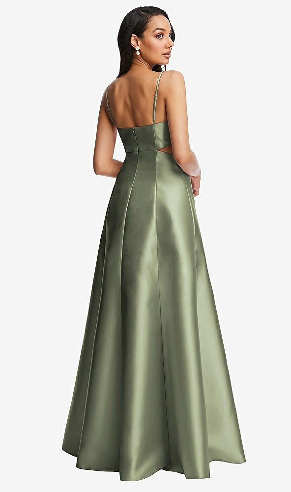 Back View - Sage Open Neckline Cutout Satin Twill A-Line Gown with Pockets