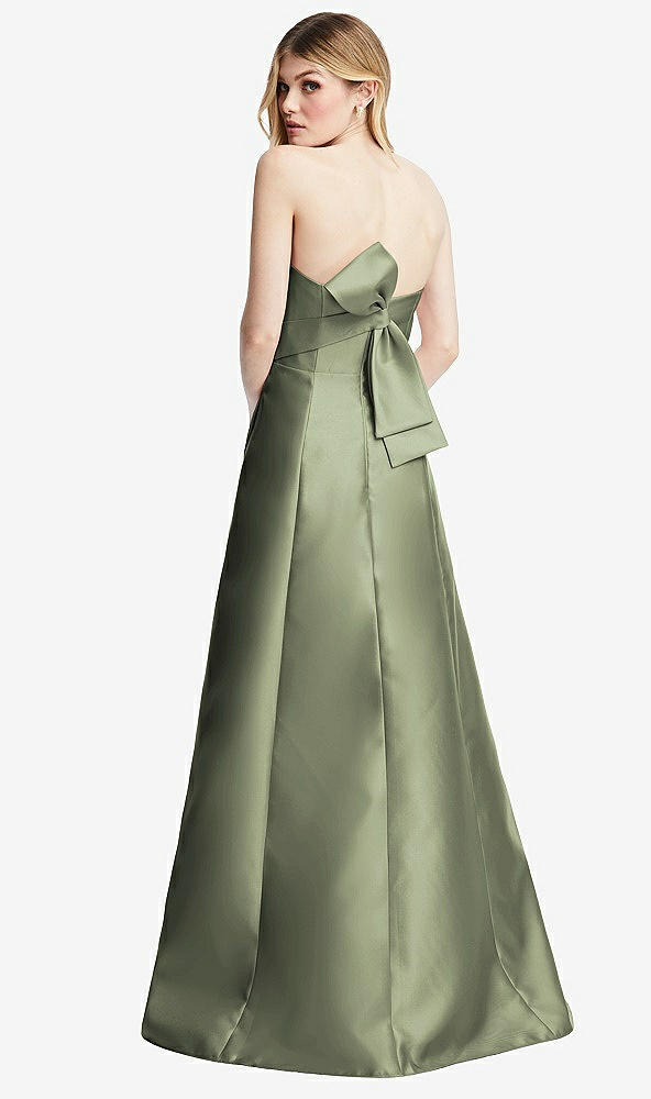 Front View - Sage Strapless A-line Satin Gown with Modern Bow Detail