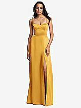 Front View Thumbnail - NYC Yellow Bustier A-Line Maxi Dress with Adjustable Spaghetti Straps