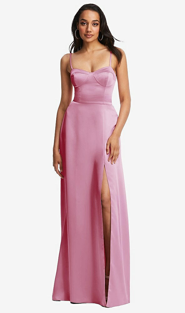 Front View - Powder Pink Bustier A-Line Maxi Dress with Adjustable Spaghetti Straps