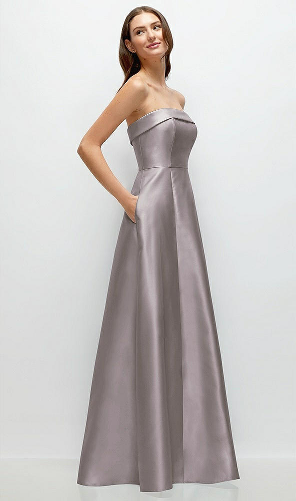 Back View - Cashmere Gray Strapless Bias Cuff Bodice Satin Gown with Pockets