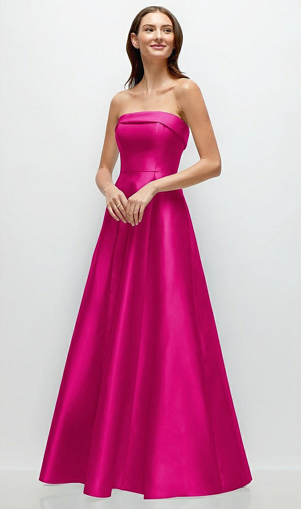 Front View - Think Pink Strapless Bias Cuff Bodice Satin Gown with Pockets