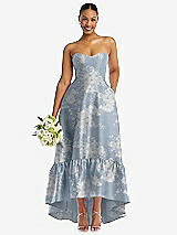 Front View Thumbnail - Porcelain Blue Seraphina Floral Strapless Floral High-Low Ruffle Hem Maxi Dress with Pockets