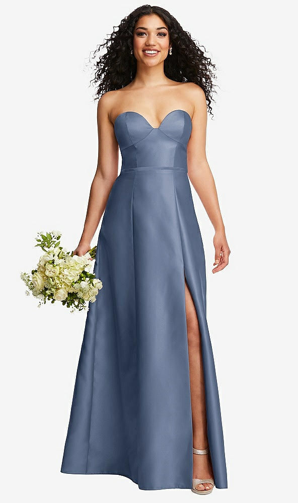 Front View - Larkspur Blue Strapless Bustier A-Line Satin Gown with Front Slit