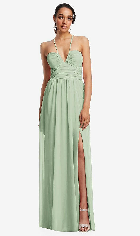 Front View - Celadon Plunging V-Neck Criss Cross Strap Back Maxi Dress