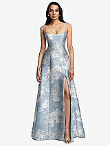 Front View Thumbnail - Porcelain Blue Seraphina Floral Open Neck Cutout Floral Satin A-Line Gown with Pockets