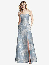 Front View Thumbnail - Porcelain Blue Seraphina Floral Strapless A-line Floral Satin Gown with Modern Bow Detail